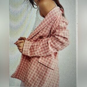 Free People Pink Gingham Blazer Classic Hip-Length